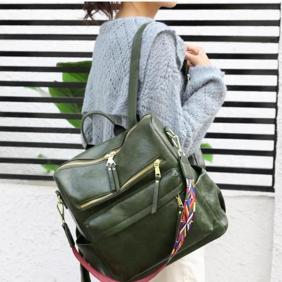 Bags | Green Vegan Leather Zipper Detail Mini Backpacks  display picture 2